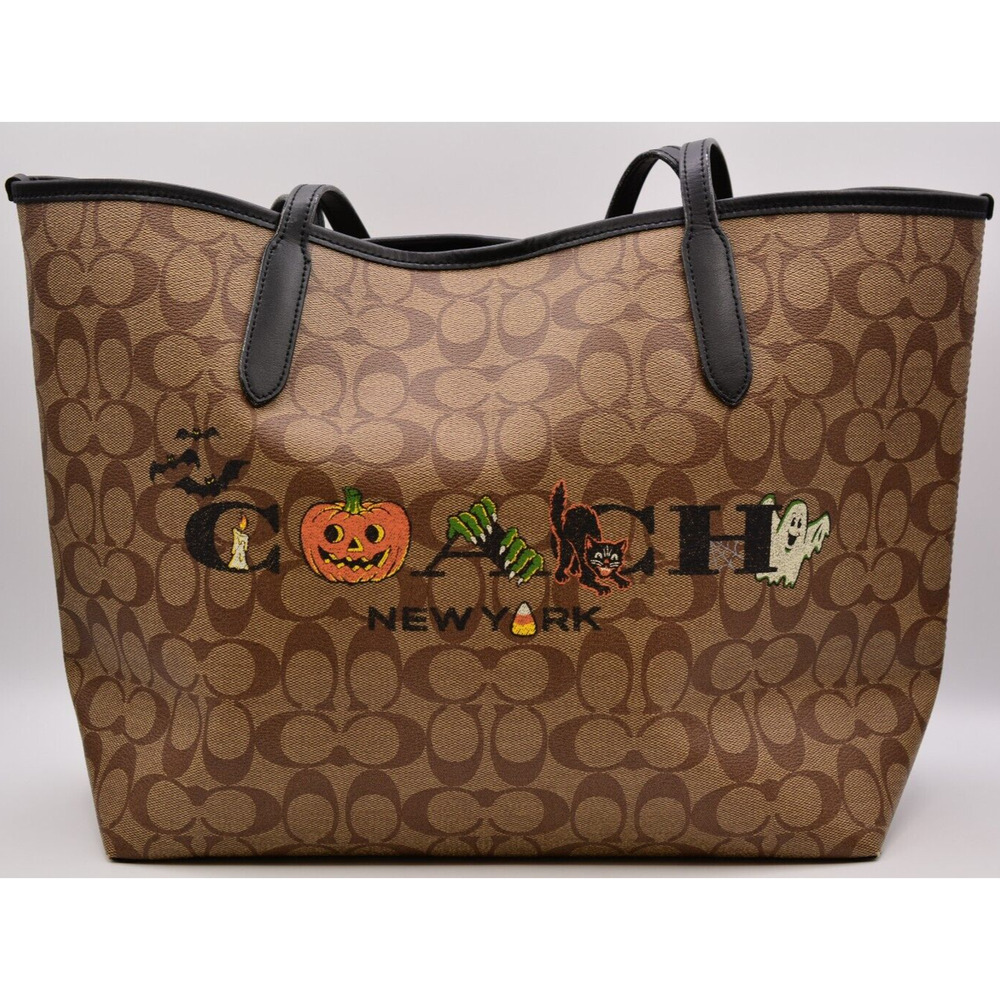 Coach Signature Halloween City Tote In Signature Canvas Pumpkin Ghost RARE